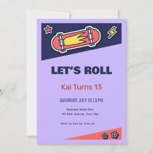 Sticker Skateboard Retro 13th Birthday Invitation