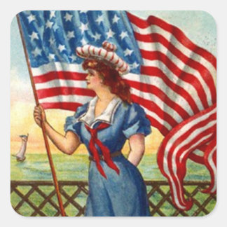 Sticker Vintage Patriotic Lady USA Old Glory Flag
