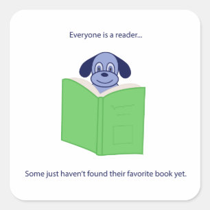 Sticker with a blue cartoon dog reading a book