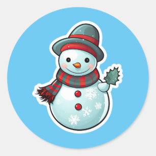 Sticker with a cute Snowman holding a leaf