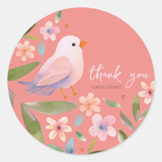Sticker with bird and flowers on pink background