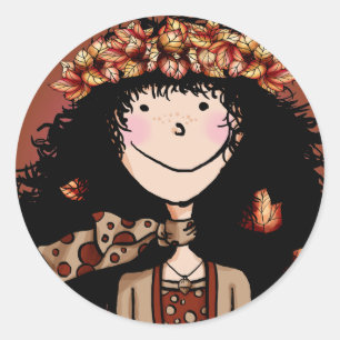 Stickers, Autumn Girl Classic Round Sticker