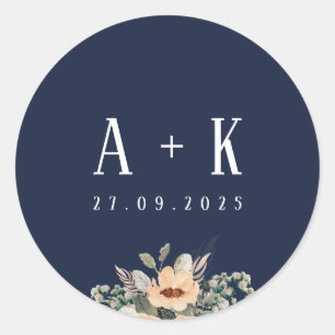 Stickers, Elegant floral blue monogram Classic Round Sticker