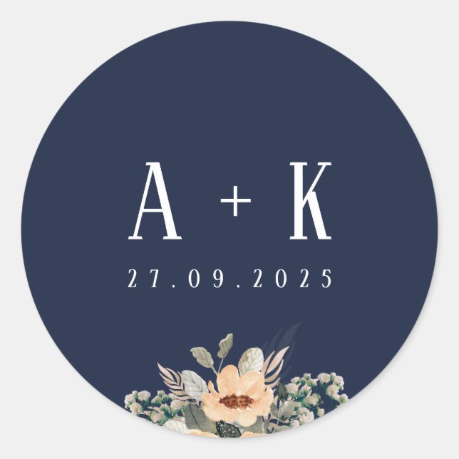 Stickers, Elegant floral blue monogram Classic Round Sticker (Front)