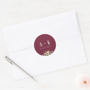 Stickers, Elegant floral burgundy monogram Classic Round Sticker