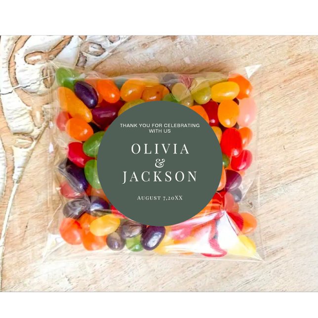 Stickers For Wedding Candy Cookies Bag Dusky Green (Modern custom wedding couple name date dusky green sticker)