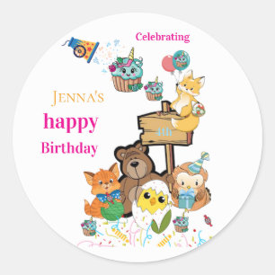 Stickers, Happy Birthday Fox Bird Chick Cat Classic Round Sticker