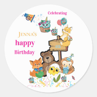 Stickers, Happy Birthday Fox Bird Chick Cat Classic Round Sticker