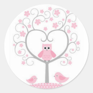 Stickers/Pink Owls with Heart Shaped Tree Classic Round Sticker