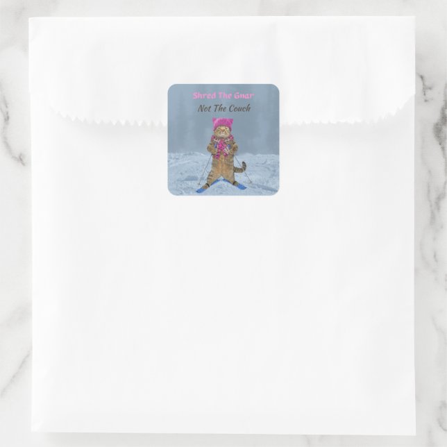Stickers, Shred the Gnar Ski Cat Square Sticker (Bag)