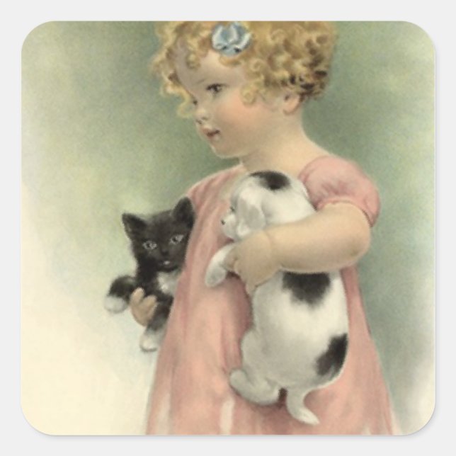 STICKERS Vintage Victorian Girl Kitten Puppy Sweet (Front)