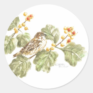 Stickers Watercolor Bird on Autumn Branch Round