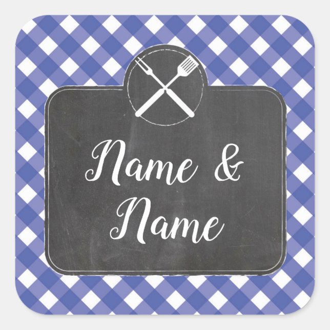 Stickers Wedding Labels Blue Gingham BBQ Chalk (Front)