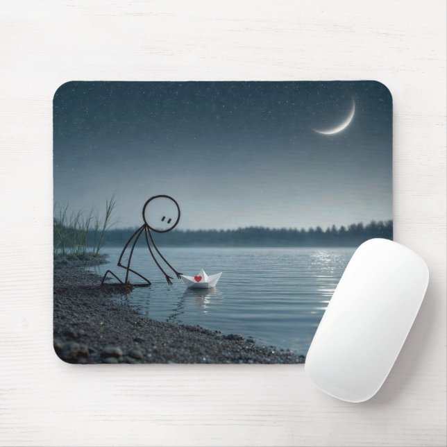 Stickman With a Heart in a Paper Boat Mouse Pad (With Mouse)
