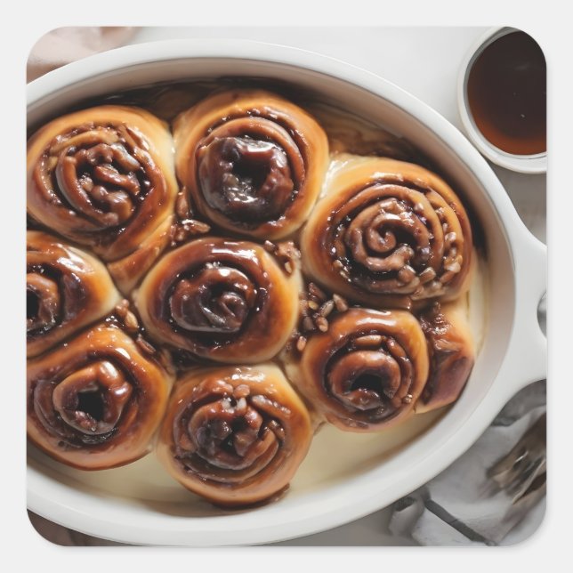 sticky buns in dish square sticker (Front)