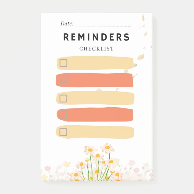 Sticky Note REMINDERS Check Box  Yellow Daisy (Front)