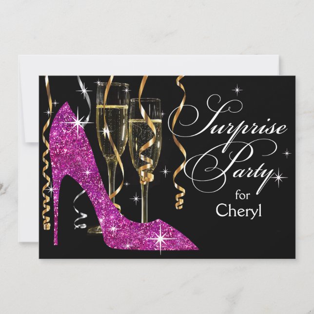 Stiletto Champagne Surprise Birthday violet Invitation (Front)