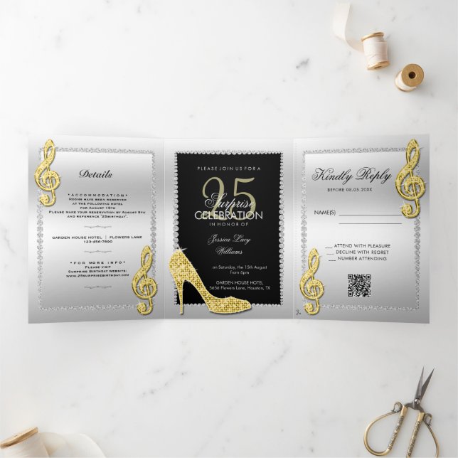 Stiletto, Photo, QR Code 25th Surprise Birthday Tri-Fold Invitation (Inside)
