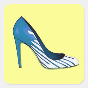 Stiletto pump, blue on yellow square sticker