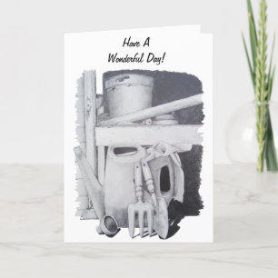 Still life drawing of garden tools for gardeners card