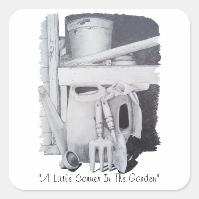 still life drawing of garden tools for gardeners square sticker (Front)