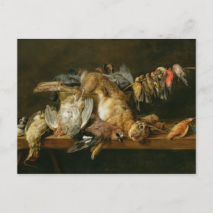 Still life of dead birds and a hare on a table postcard