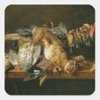 Still life of dead birds and a hare on a table