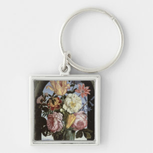 Still life of flowers in a drinking glass key ring