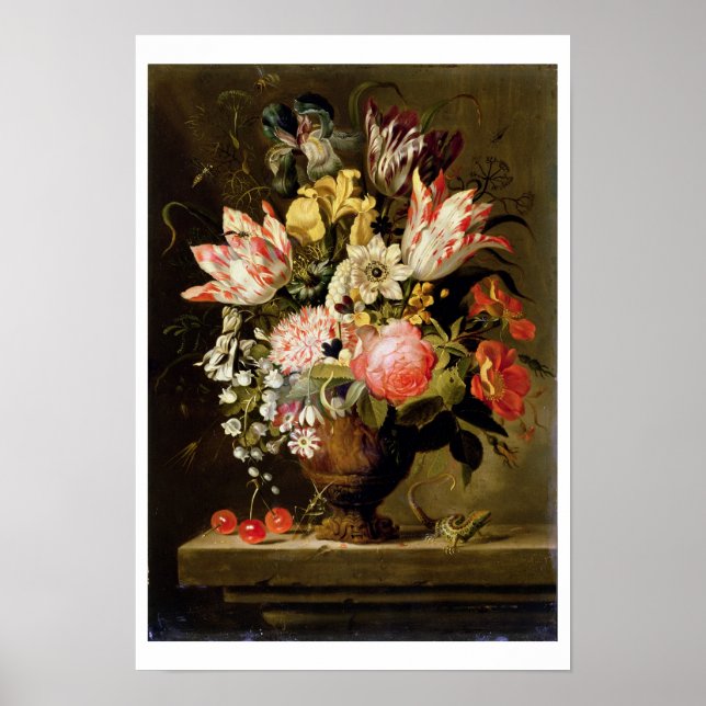 Still Life of Flowers in a Vase with a Lizard on a Poster (Front)