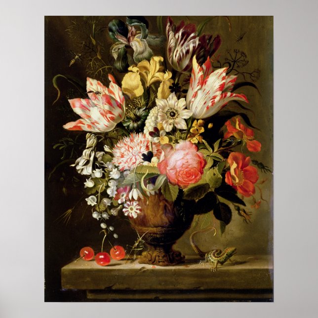 Still Life of Flowers in a Vase with a Lizard on a Poster (Front)