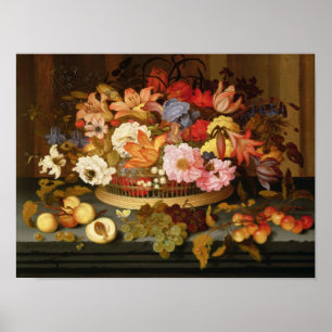 Still Life of Fruit and a Basket of Flowers Poster