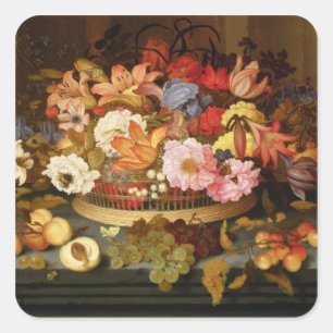 Still Life of Fruit and a Basket of Flowers Square Sticker