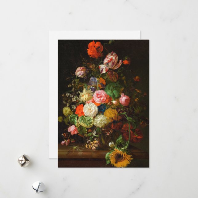 Still life of roses, tulips, a sunflower, 1710  holiday card (Front/Back In Situ)