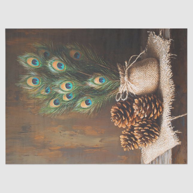 Still Life Peacock Feathers Pinecones Decoupage Tissue Paper (Front)