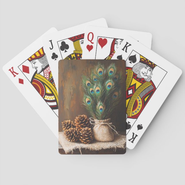 Still Life Peacock Feathers Pinecones Playing Cards (Back)