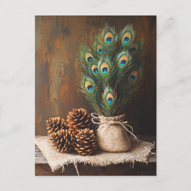 Still Life Peacock Feathers Pinecones Postcard (Front)