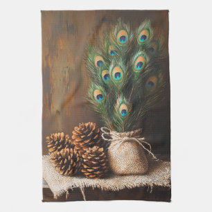 Still Life Peacock Feathers Pinecones Tea Towel