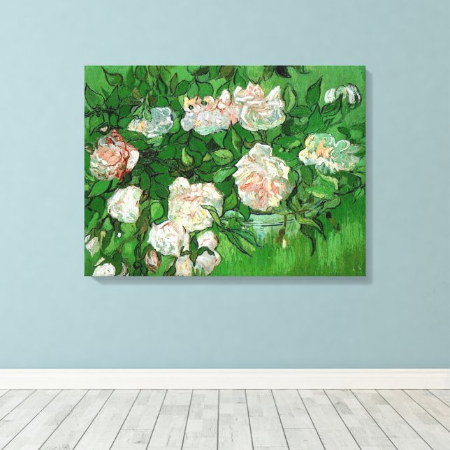 Still Life: Pink Roses by Vincent van Gogh Canvas Print (Insitu(Wood Floor))