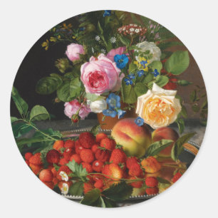 Still Life Roses and Strawberries by Otto Ottesen Classic Round Sticker