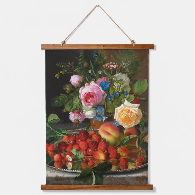 Still Life Roses and Strawberries by Otto Ottesen Hanging Tapestry (Front)