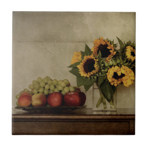 Still Life, Sunflowers in Vase, Fruit in Bowl Tile