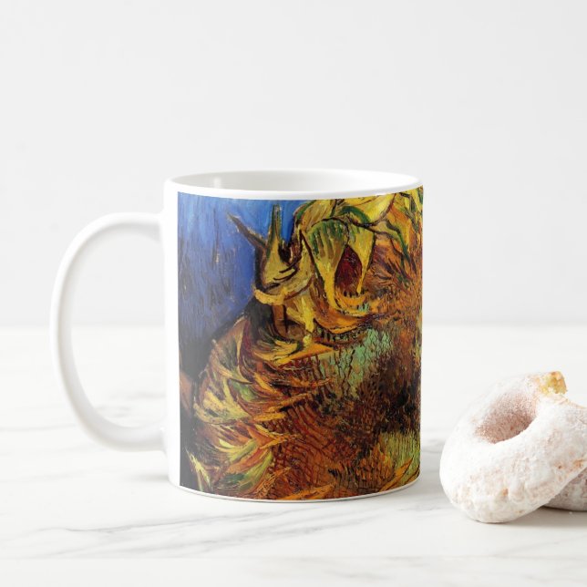 Still Life Two Cut Sunflowers by Vincent van Gogh Coffee Mug (With Donut)