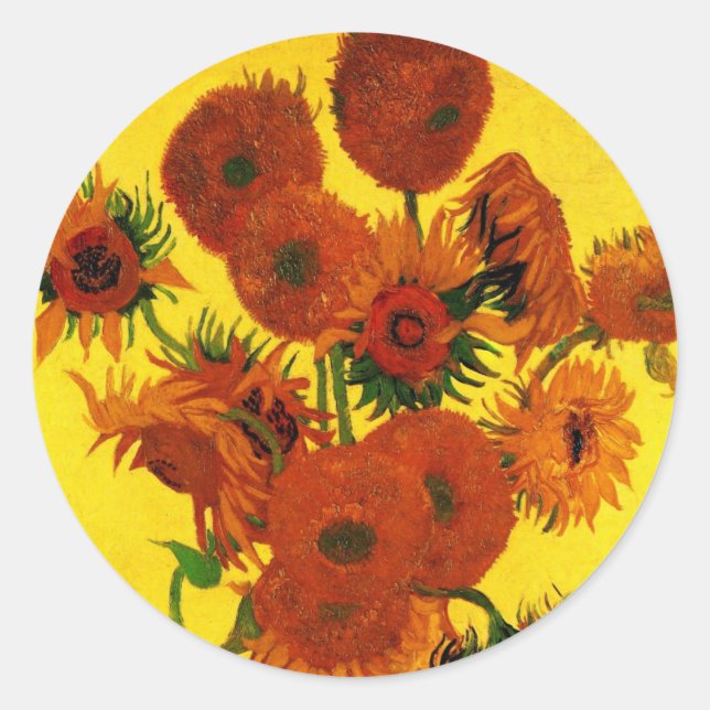Still Life Vase w 15 Sunflowers Vincent van Gogh Classic Round Sticker (Front)