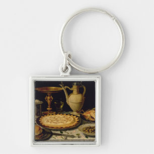 Still life with a tart,chicken, bread and olives key ring