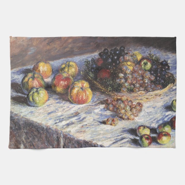 Still Life with Apples and Grapes by Claude Monet Tea Towel (Horizontal)