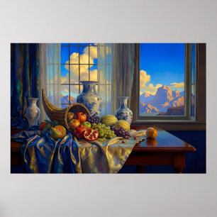 Still Life with Blue Window and Distant Peaks Poster