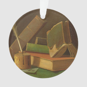 Still life with books and ink well ornament