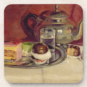 Still Life with Cakes and a Silver Teapot (oil on Coaster