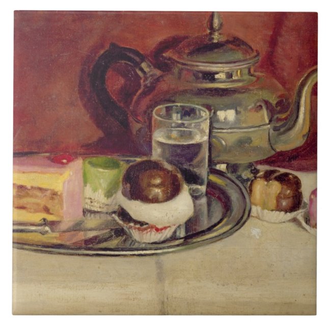 Still Life with Cakes and a Silver Teapot (oil on Tile (Front)