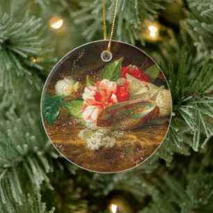 Still life with camellia, a shell and a lace doily ceramic tree decoration